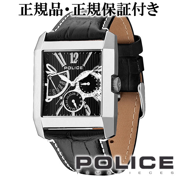 【POLICE/腕時計】キングスアベニュー (ブラック/ホワイト) 本革ベルト レザー マルチファンクション ウォッチ